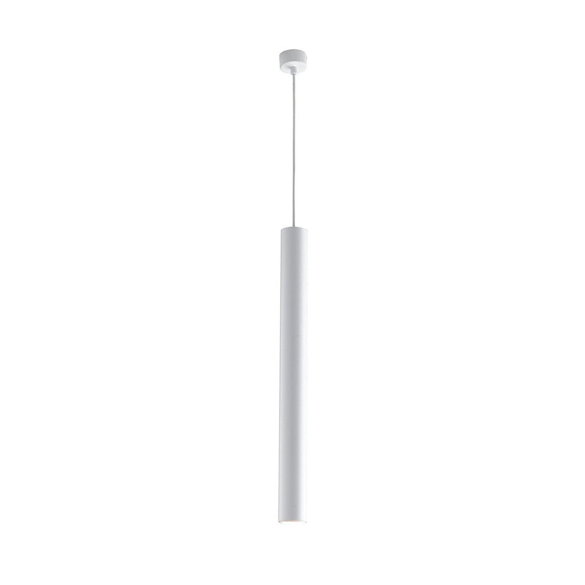 Suspension blanche en forme de long tube cylindrique, vue de face sur fond blanc