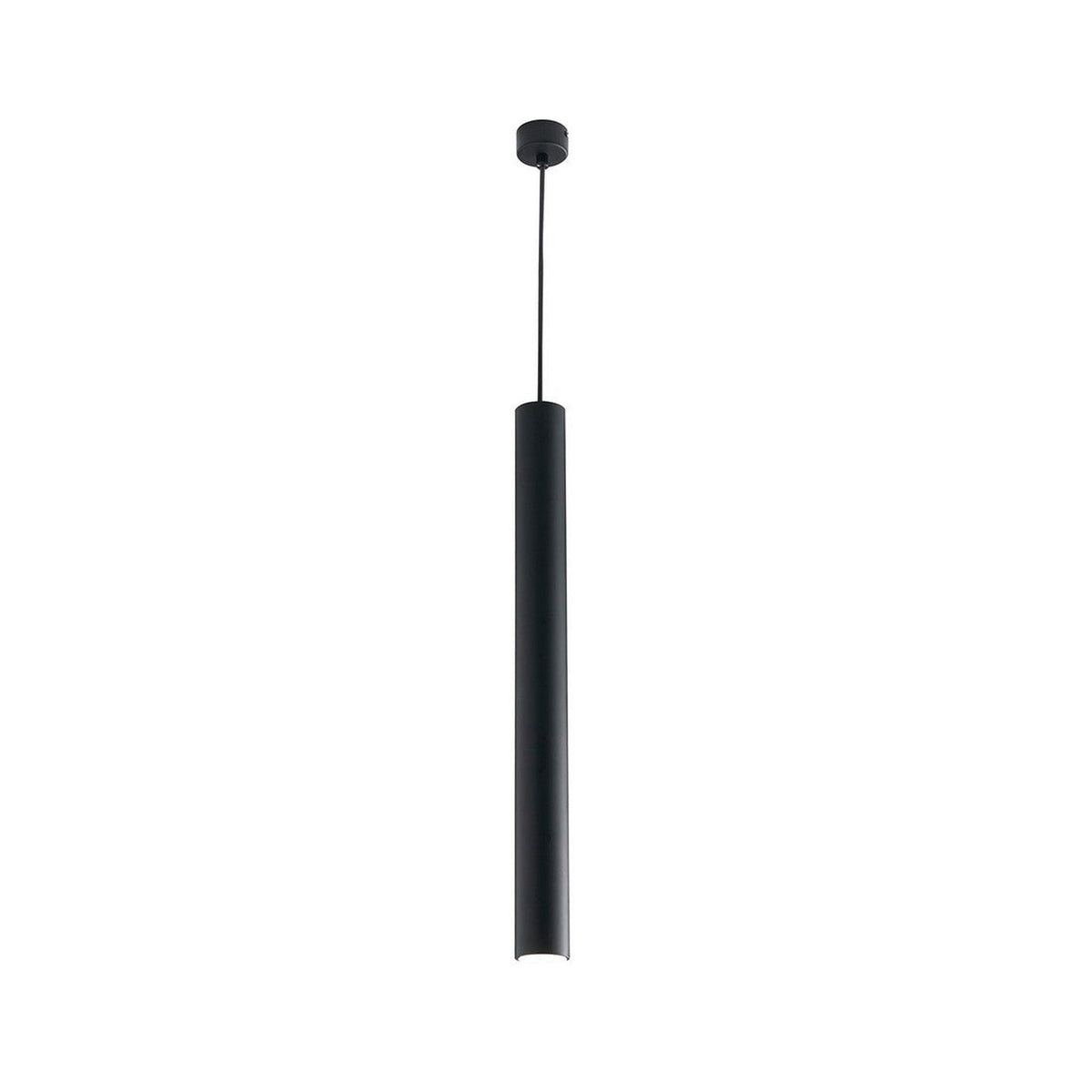 Suspension noire vue de face, long tube cylindrique et câble fin sur fond blanc.