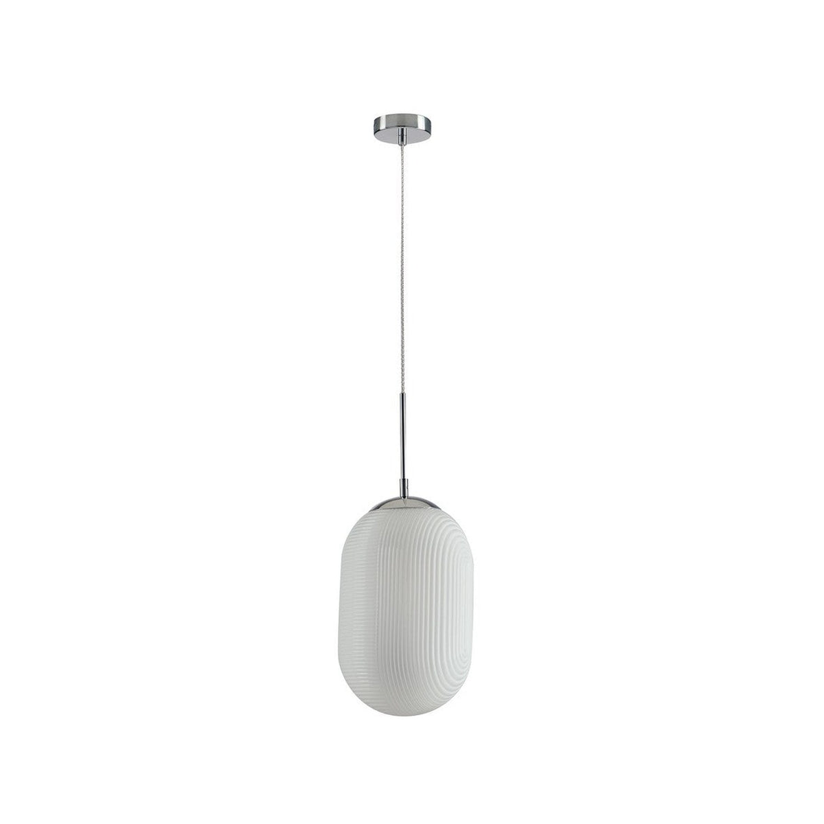 Suspension au diffuseur ovale blanc strié, câble et rosace chromés, fond neutre