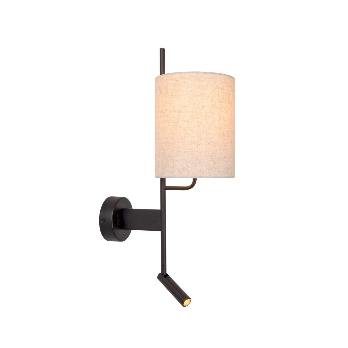 Vue de trois quarts de l'applique noire avec abat-jour cylindrique en lin beige