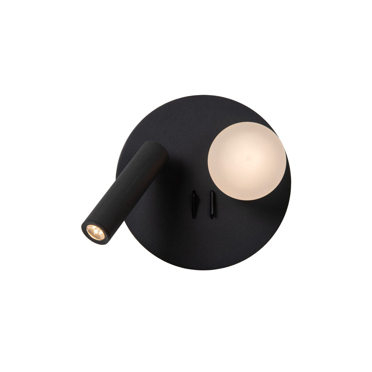Applique murale noire de face avec sphère opale et projecteur cylindrique orientable.