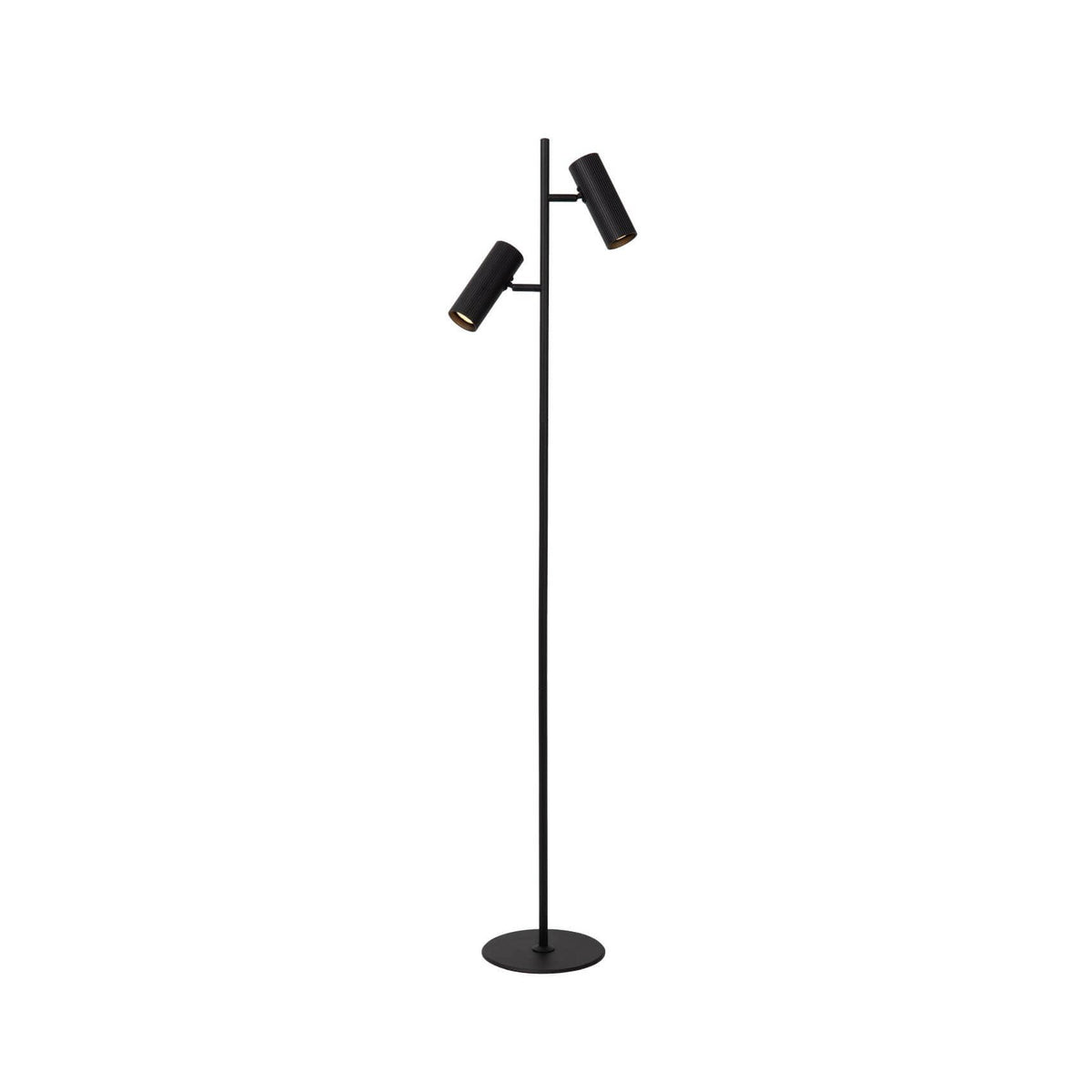Lampadaire noir de face, tige fine et deux projecteurs cylindriques orientables.