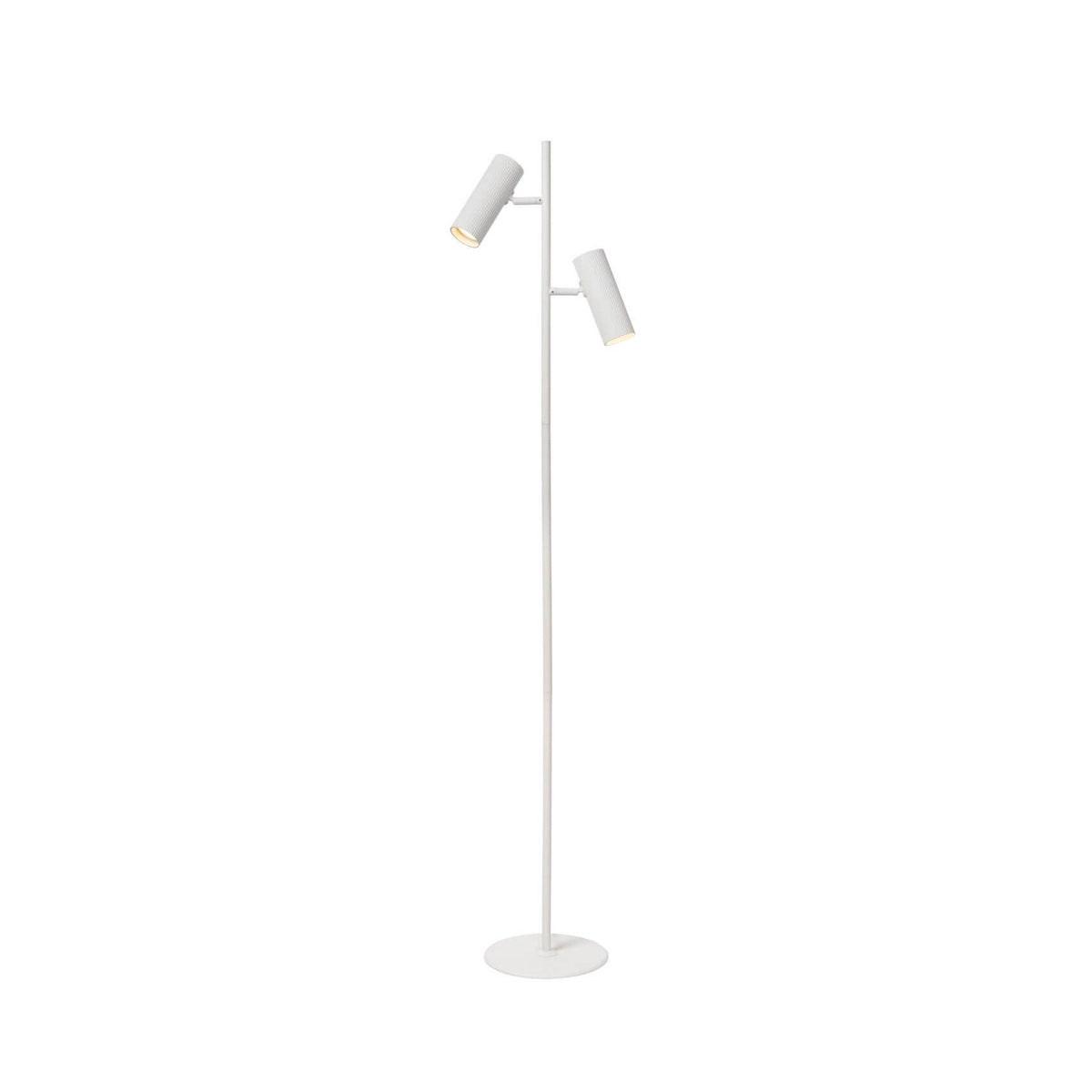 Lampadaire blanc à deux spots cylindriques orientables, tige et base ronde