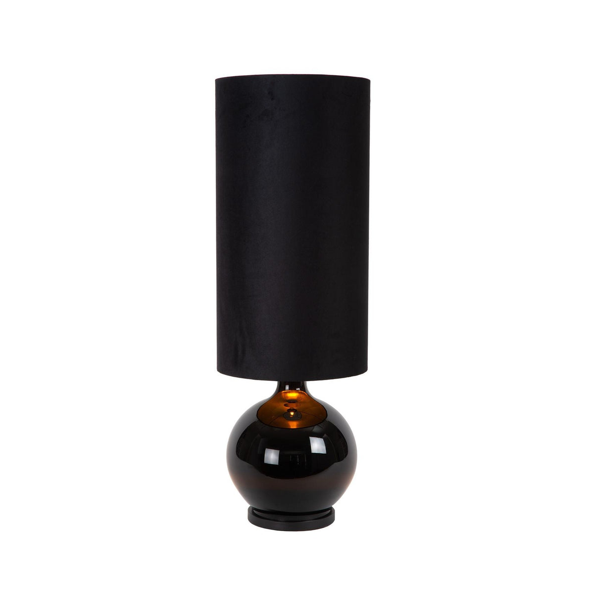Lampadaire noir vu de face, abat-jour cylindrique et base sphérique en verre brillant