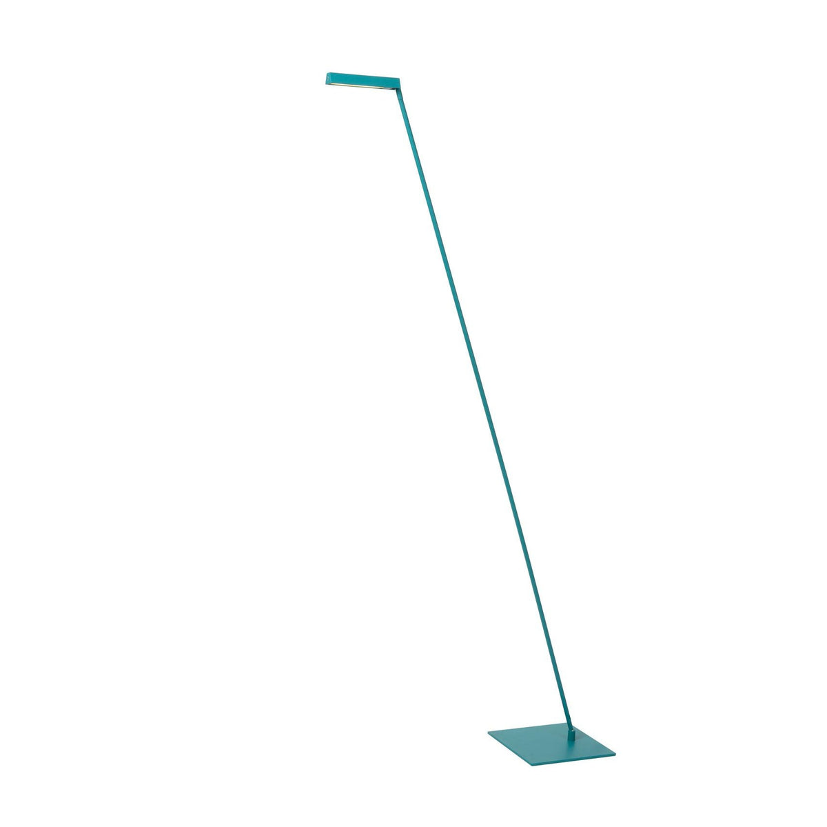 Lampadaire fin turquoise de trois quarts, base carrée et longue tige inclinée.