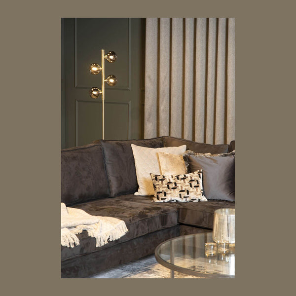 Lampadaire Tycho 4 lumières doré mat et fumé, verre