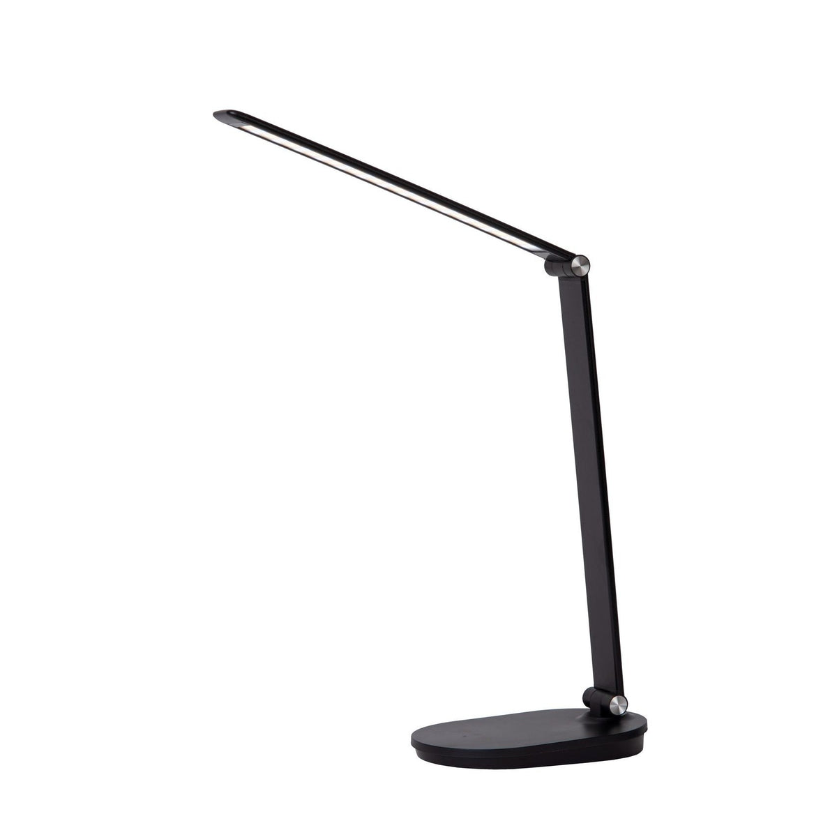 Vue trois quarts du luminaire noir au bras articulé déployé en hauteur