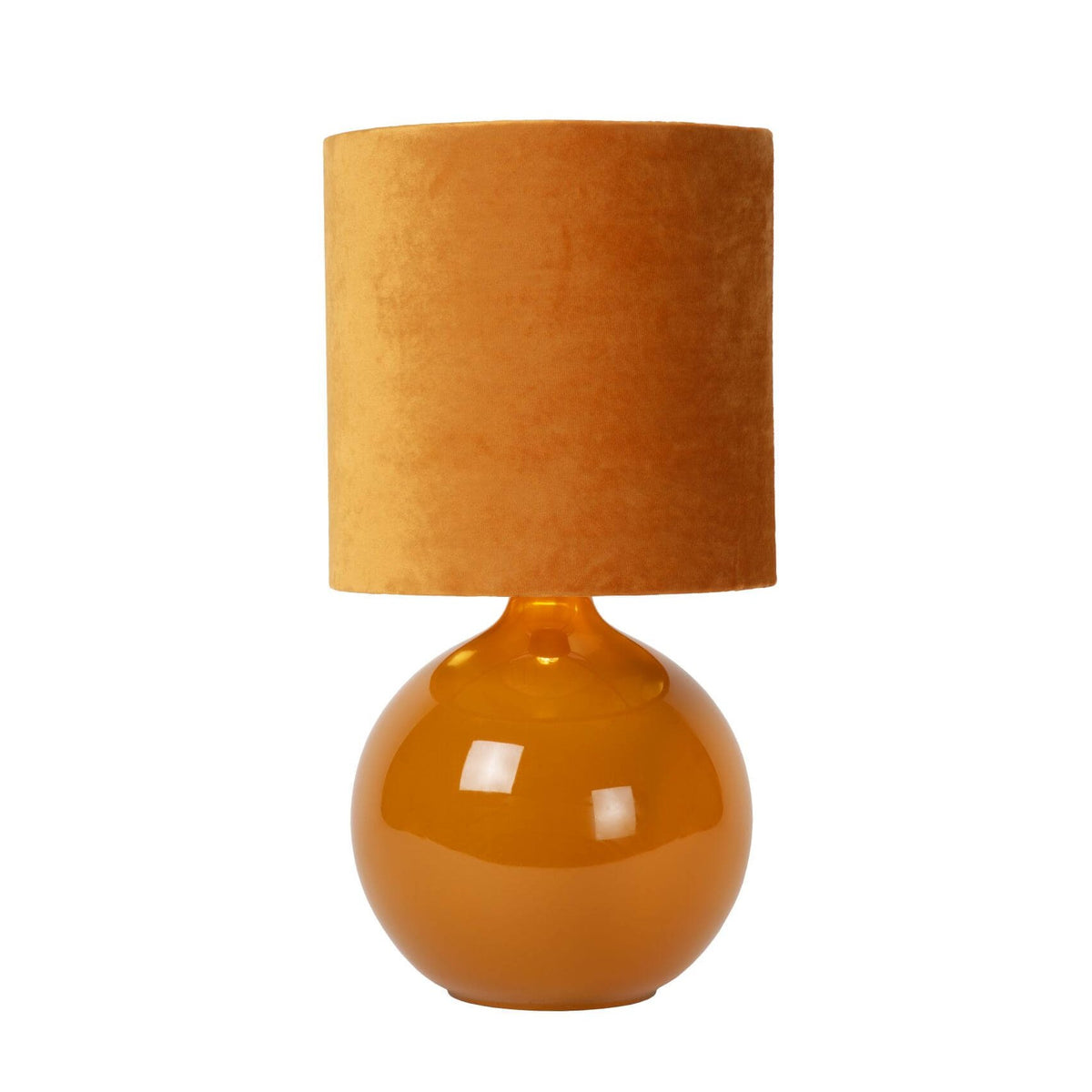 Lampe à poser de face, base sphérique ambrée et abat-jour cylindrique en velours