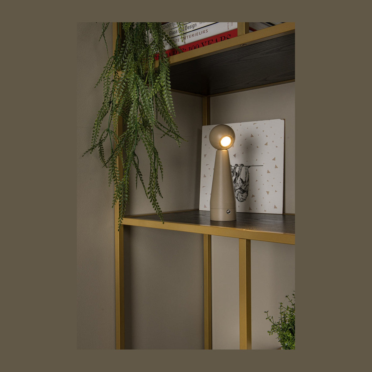 Vue en situation d'une lampe taupe allumée sur une étagère, avec plante retombante.