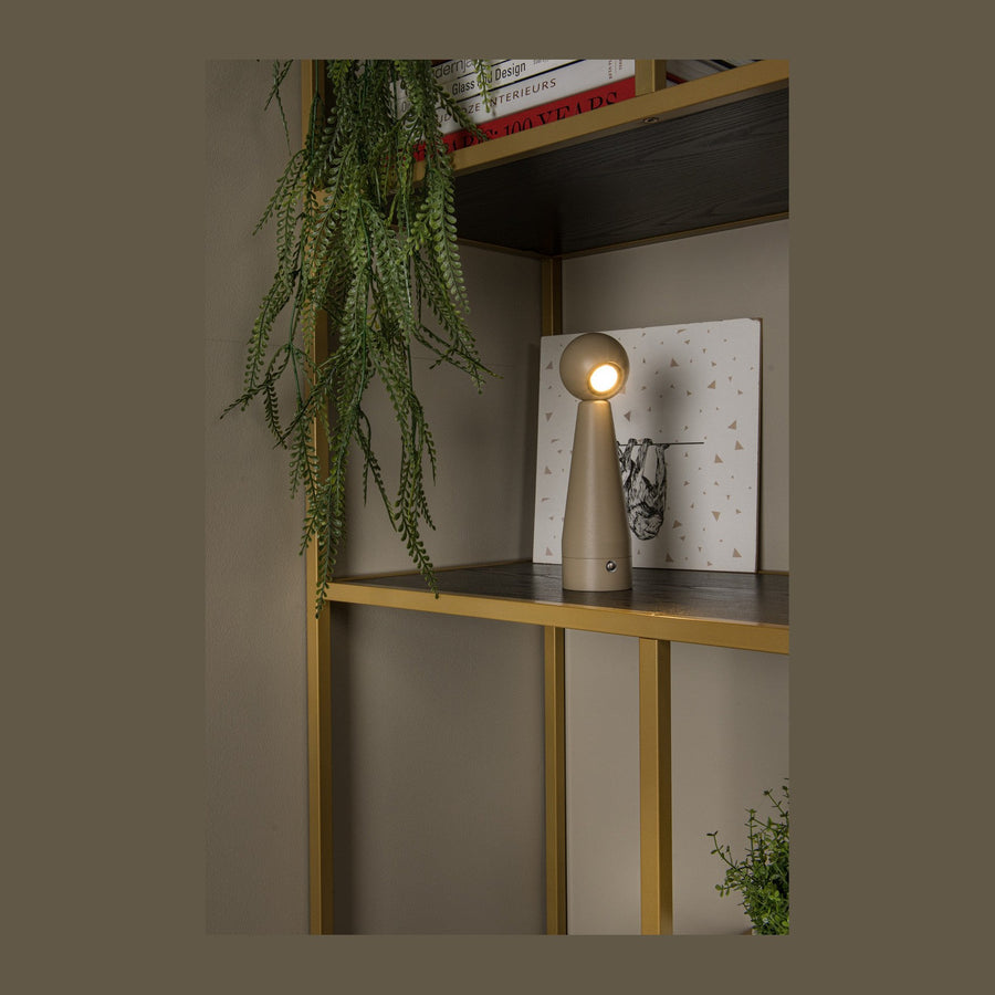 Vue en situation d'une lampe taupe allumée sur une étagère, avec plante retombante.