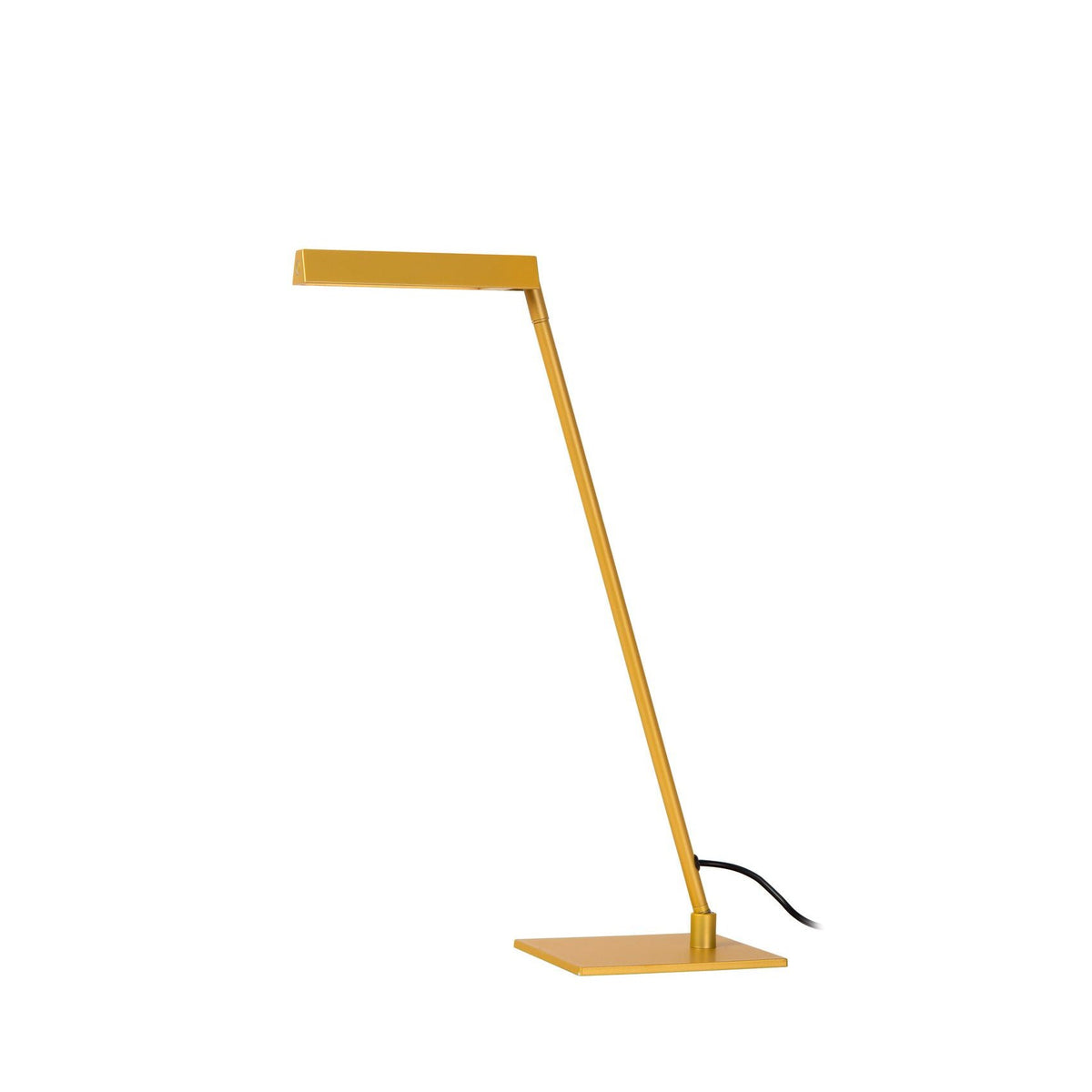 Vue de profil de la lampe jaune, bras incliné et socle plat carré