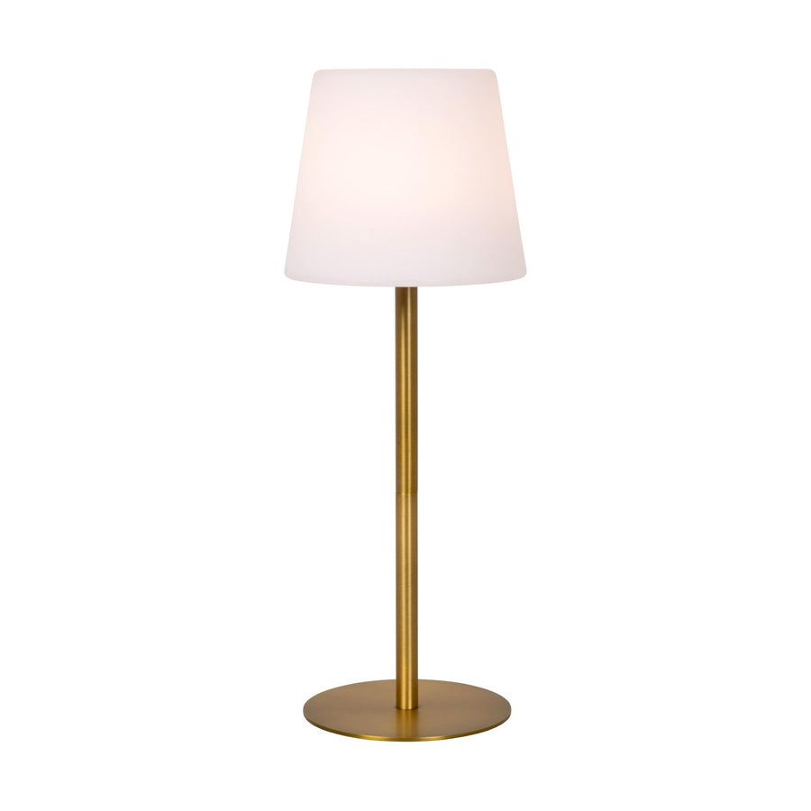 Lampe extérieure dorée mat et opale, vue de face sur fond blanc