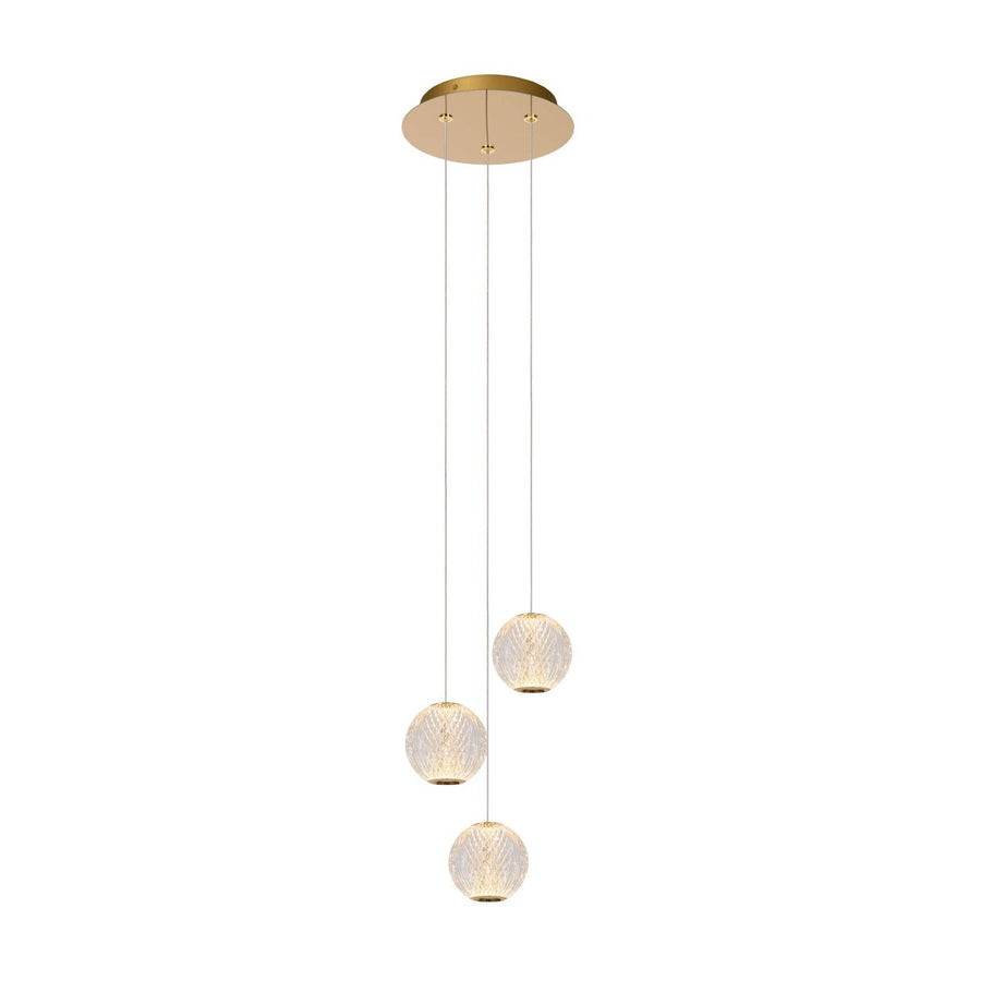 Vue d'ensemble du luminaire suspendu avec ses trois globes en verre transparent