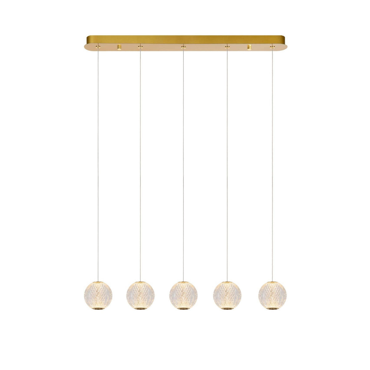 Suspension dorée à cinq globes transparents alignés sur une base rectangulaire, vue de face