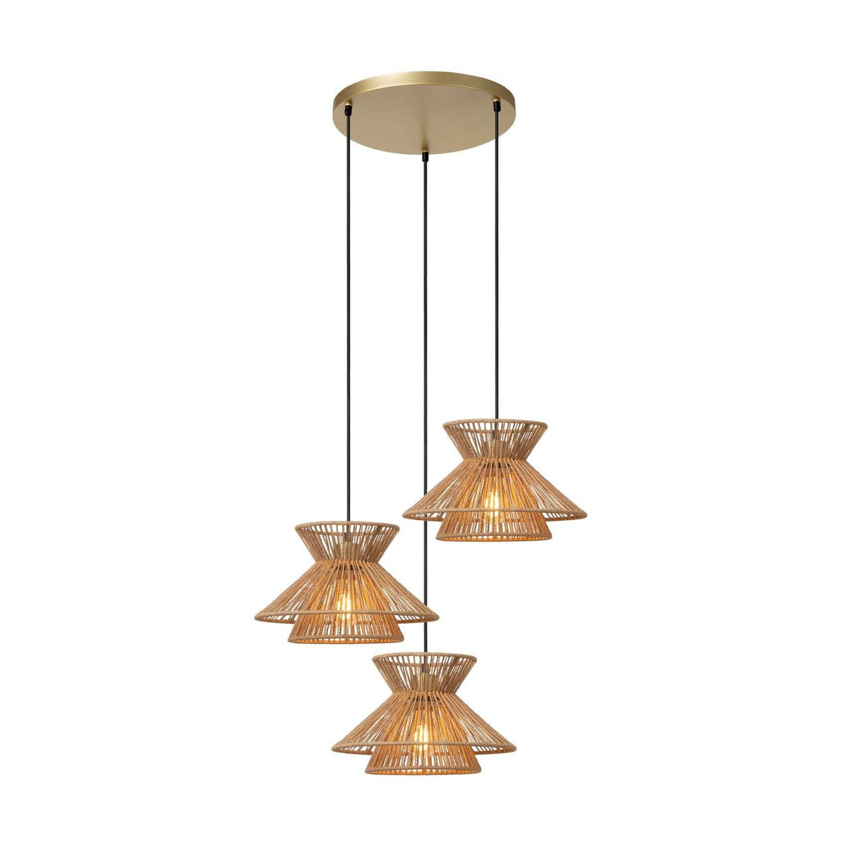 Suspension Tasman 3 lumières bois clair et dorée mat, papier