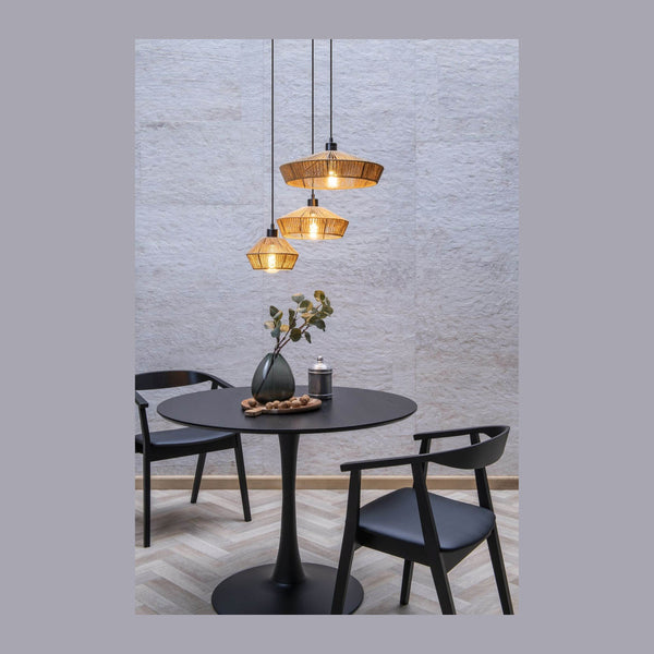 Suspension Yunkai 3 lumières bois clair et noire, rotin