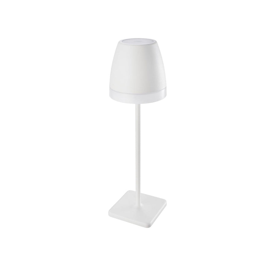 Lampadaire blanc sans fil vu de trois quarts, abat-jour conique et base carrée plate