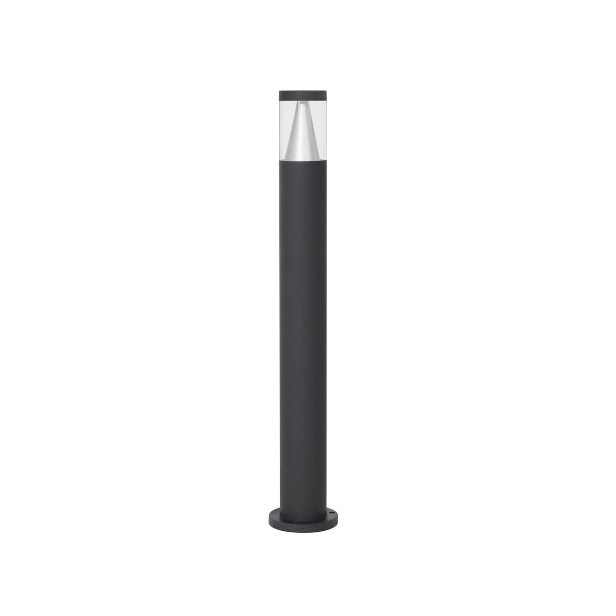 Borne extérieure noire cylindrique vue de face sur fond blanc, corps mat et tête transparente.