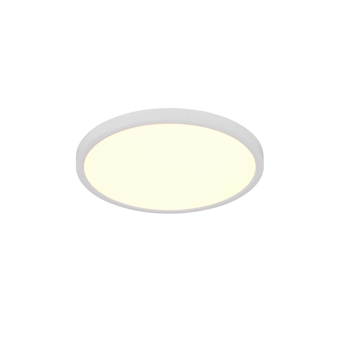 Plafonnier rond blanc mat vu de trois quarts, verrine opale allumée