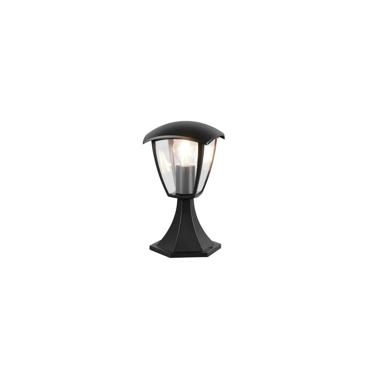 Luminaire extérieur noir mat de face, ampoule allumée sur fond blanc