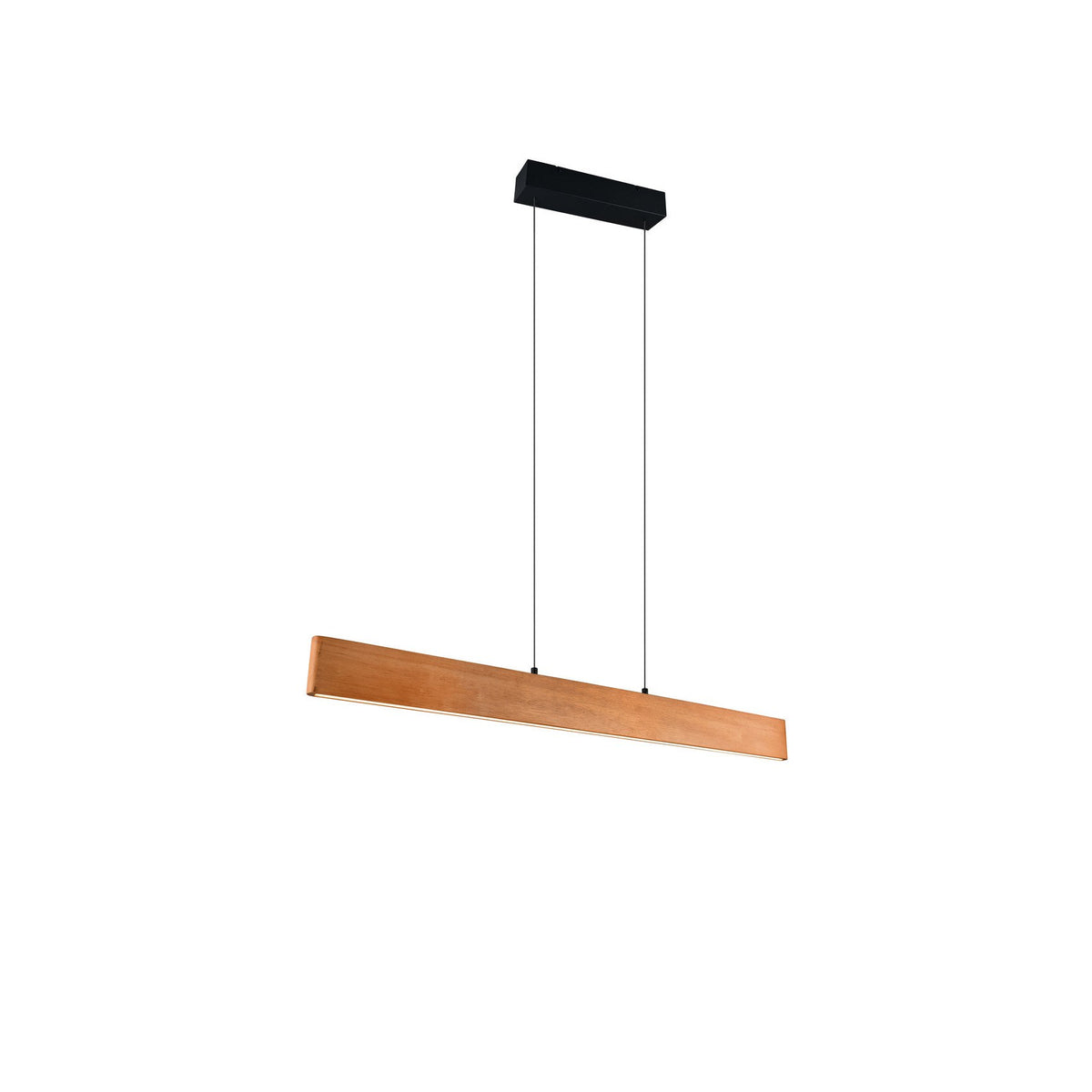 Vue de trois quarts du luminaire suspendu avec long bandeau en bois naturel