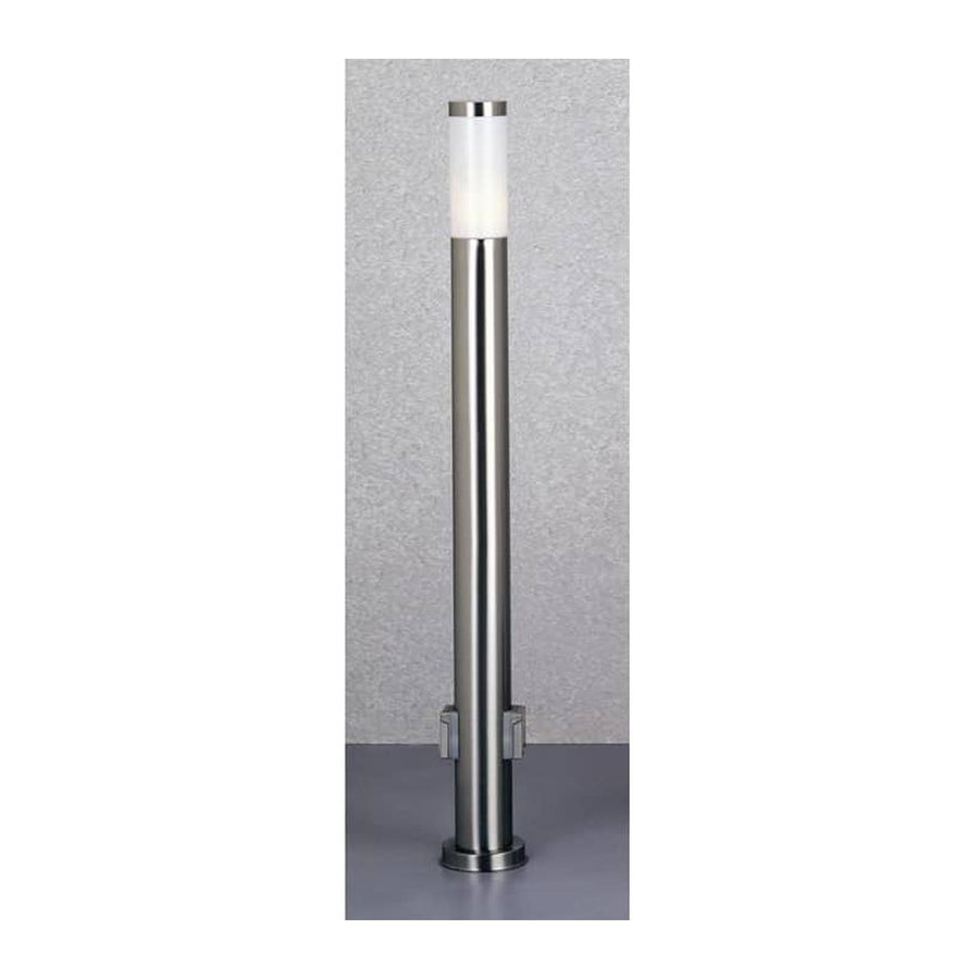 Vue de face du luminaire extérieur inox avec diffuseur blanc cylindrique en partie haute
