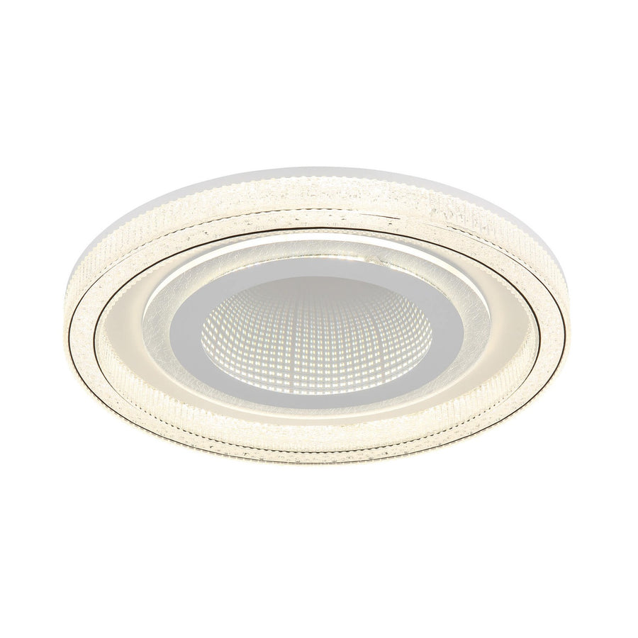 Plafonnier rond blanc mat vu de face, diffuseur central et bord en verre texturé