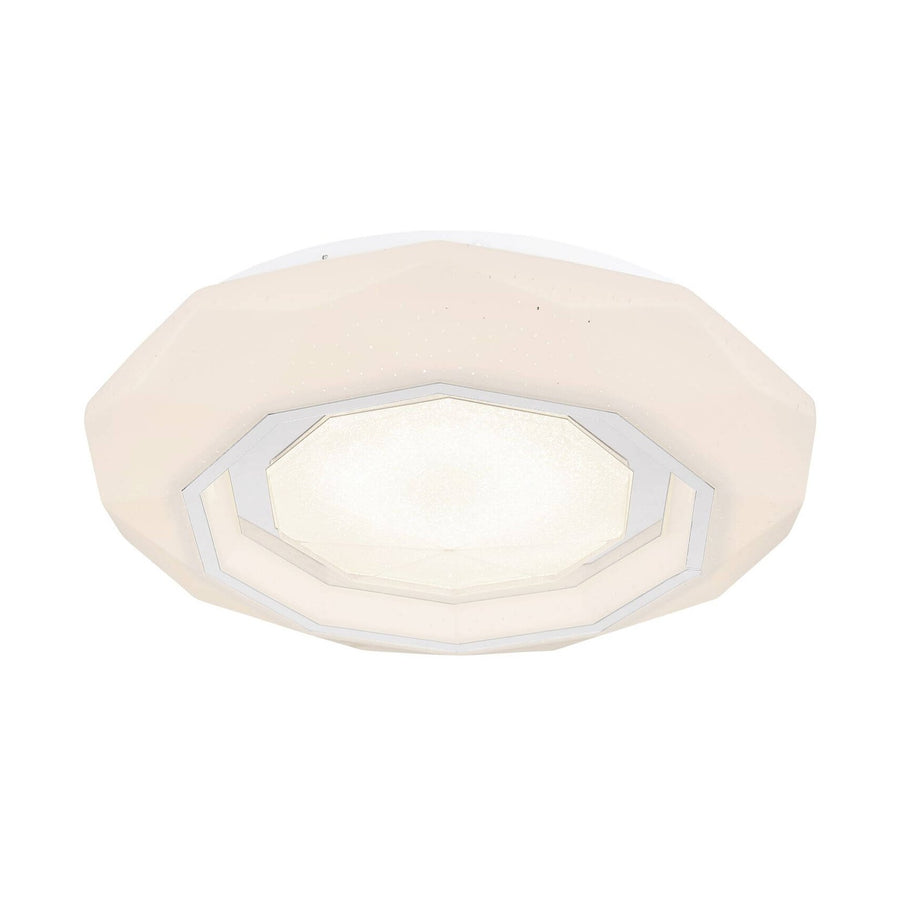 Vue de face du plafonnier octogonal blanc mat allumé en lumière chaude