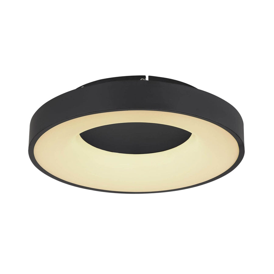Plafonnier rond noir vu de face avec diffuseur opale et centre sombre