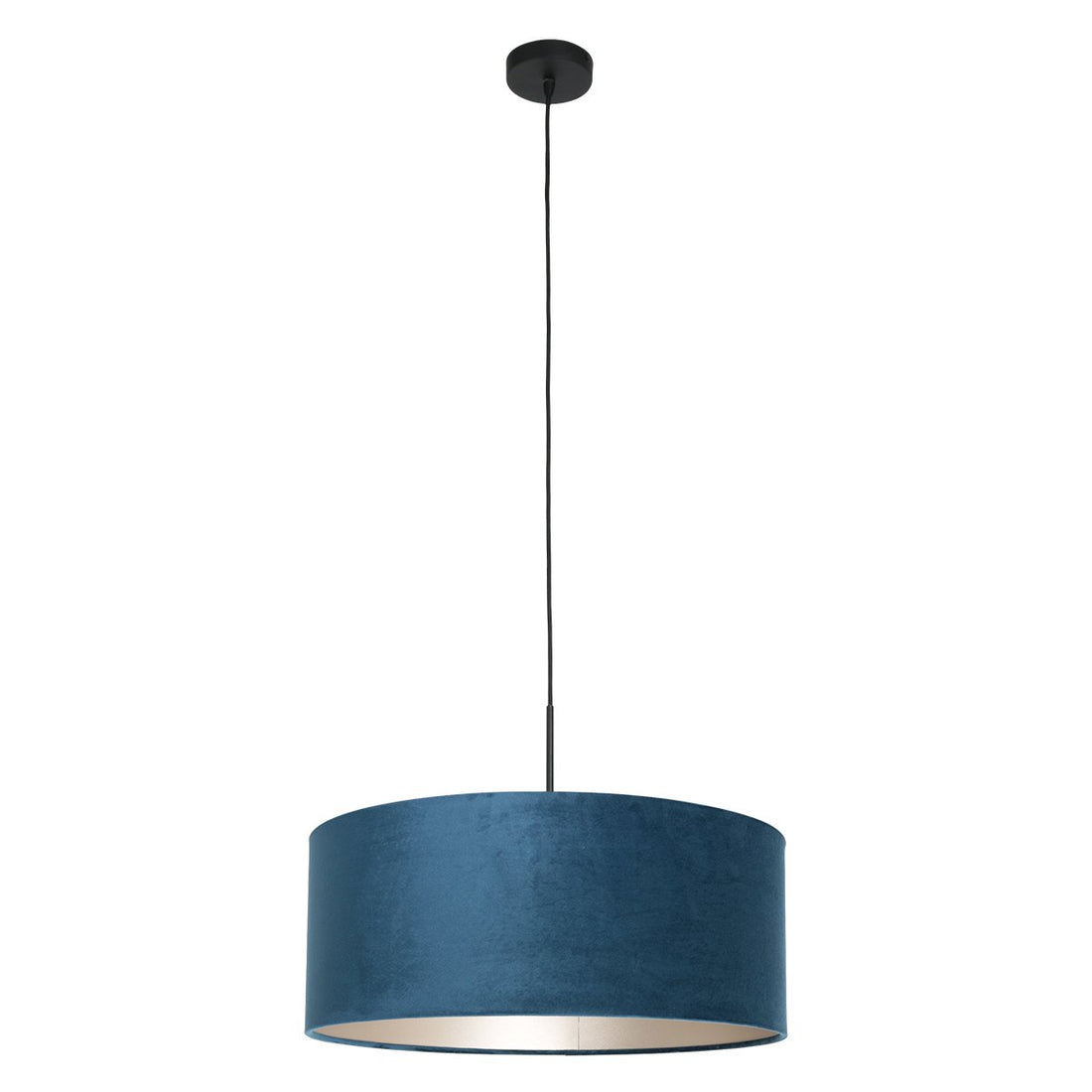 Blue velvet pendant light, silver interior drum lampshade Ø50 | Loomis