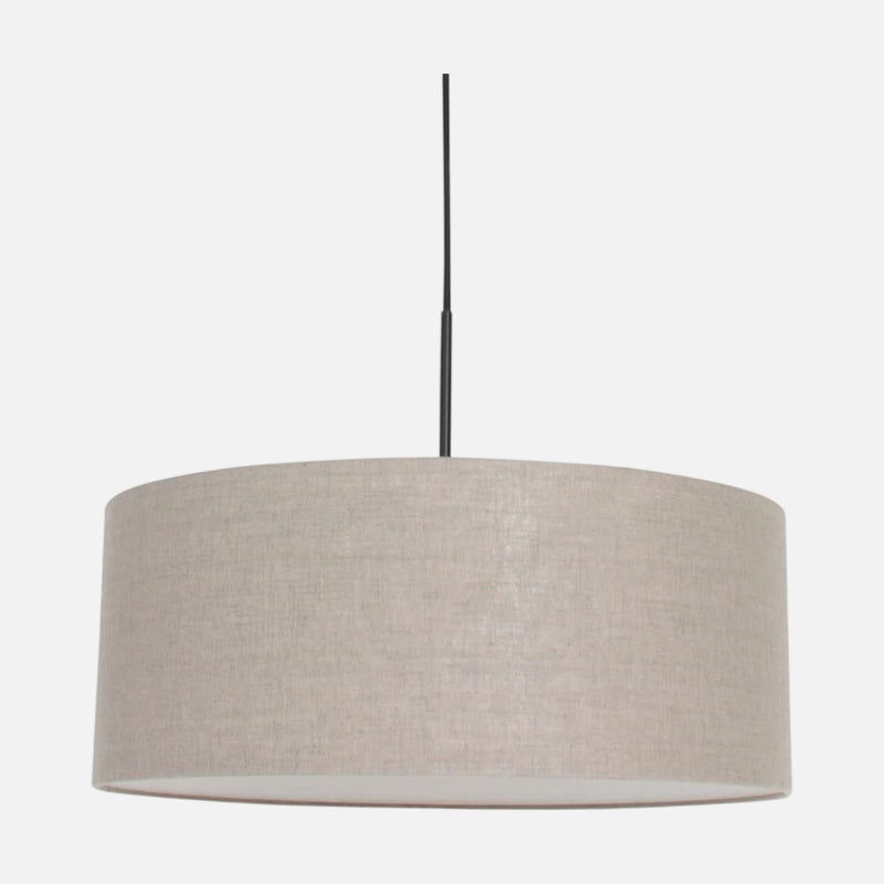 Gray linen pendant light, 50 cm diameter drum shade on a black mount, dining room | Sparkled Light