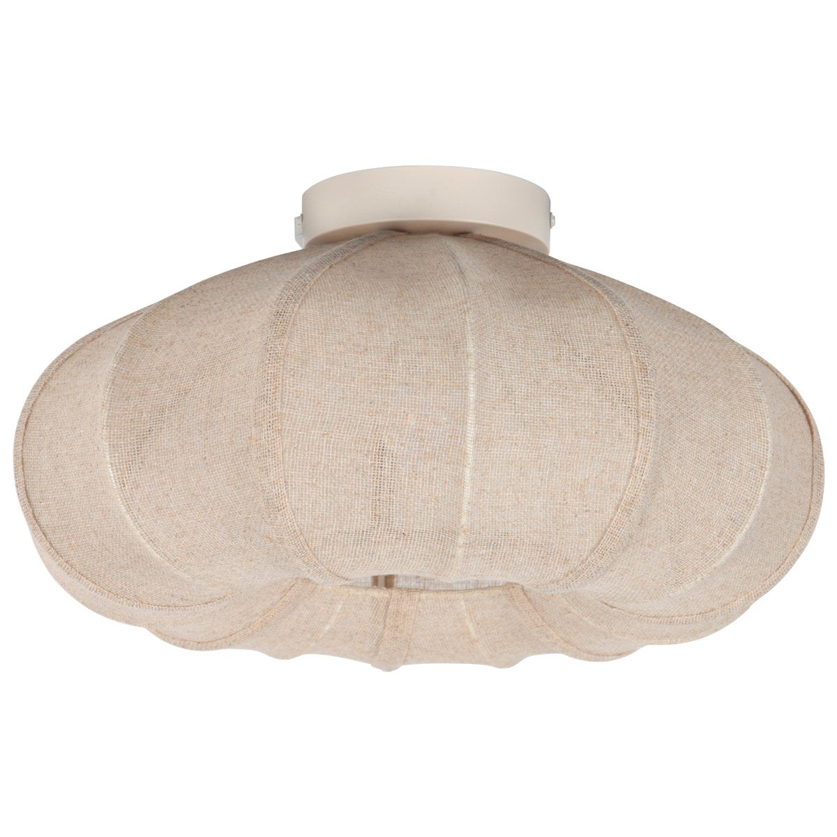 Vue de face du plafonnier éteint, montrant la collerette crème et le tissu plissé.