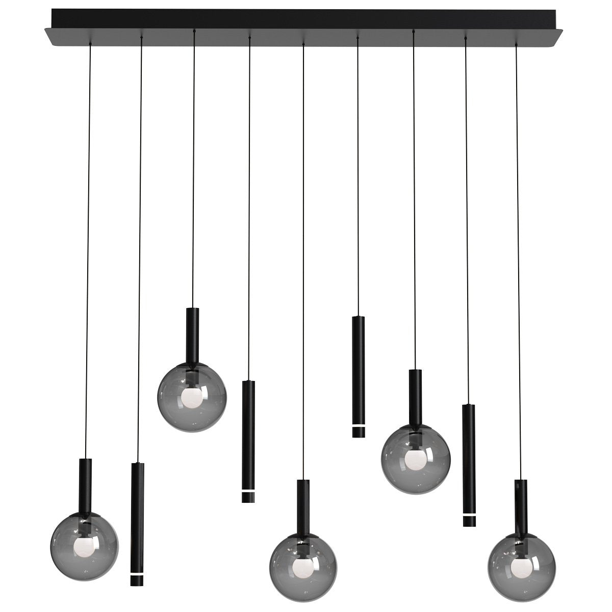 Vue de face du luminaire avec ampoules allumées dans les globes et tubes noirs.