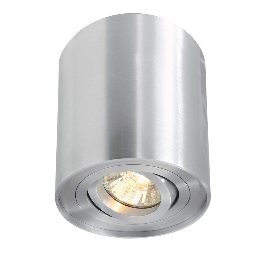 Vue de face du spot cylindrique en aluminium avec lentille allumée
