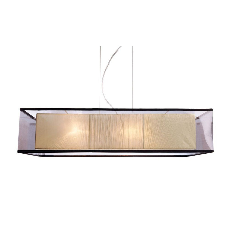 Suspension rectangulaire noire vue de face, diffuseur en tissu éclairé, câbles fins.
