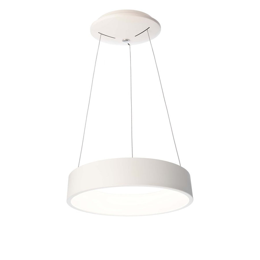Suspension blanche de face, anneau cylindrique fin suspendu par trois câbles.