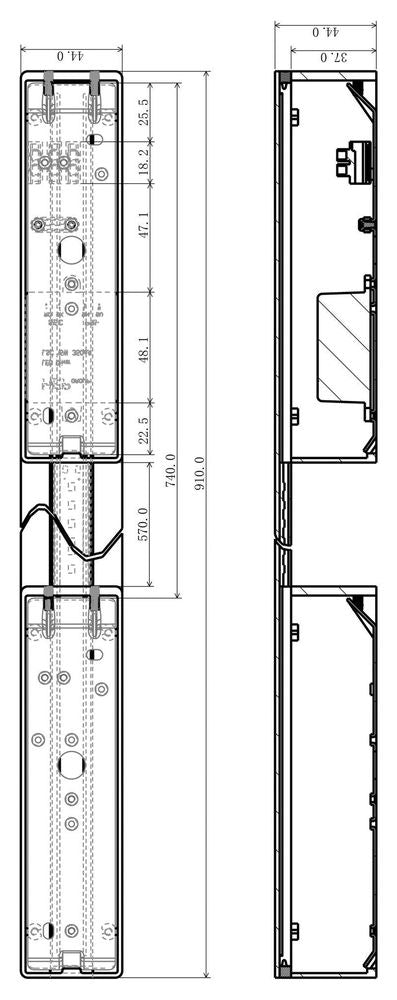 Schéma technique coté du luminaire présentant les dimensions et le profil latéral