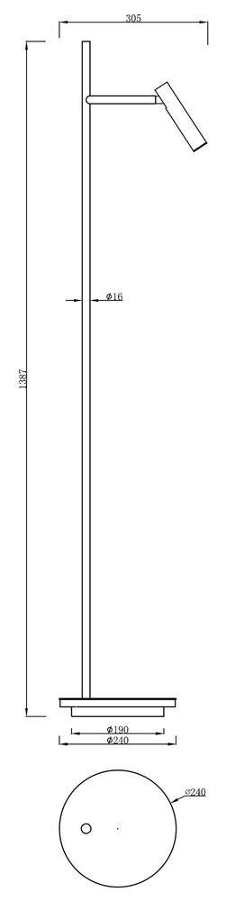 Schéma de dimensions du lampadaire : hauteur 1387 mm, base ronde et diamètres.