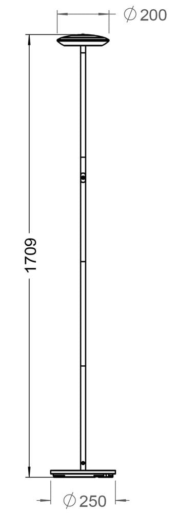 Schéma coté du lampadaire : hauteur totale et diamètres du plateau et de la base.