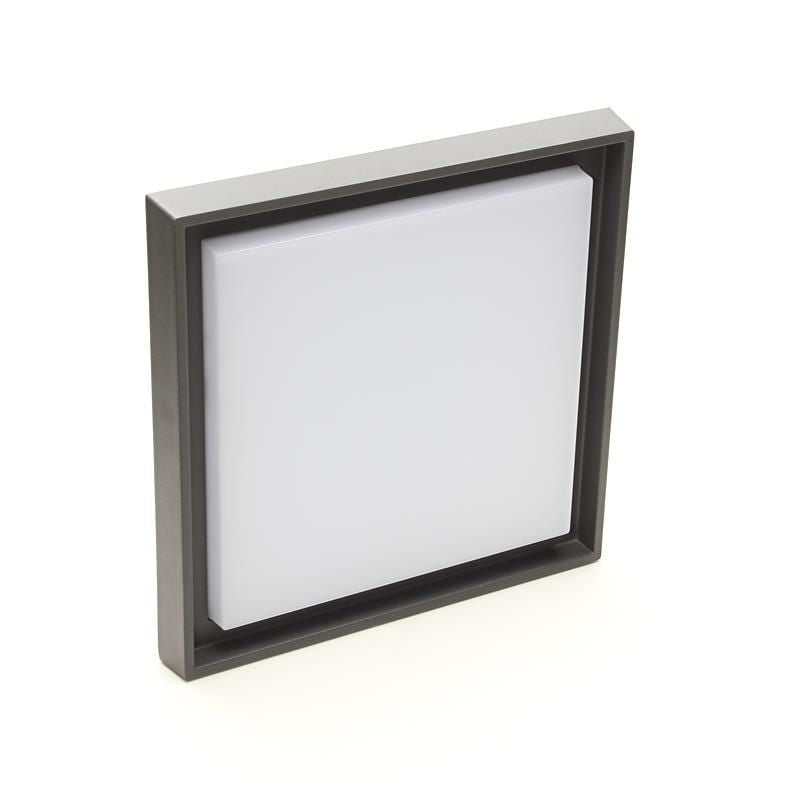 Vue en perspective du luminaire carré anthracite montrant l’épaisseur du cadre.