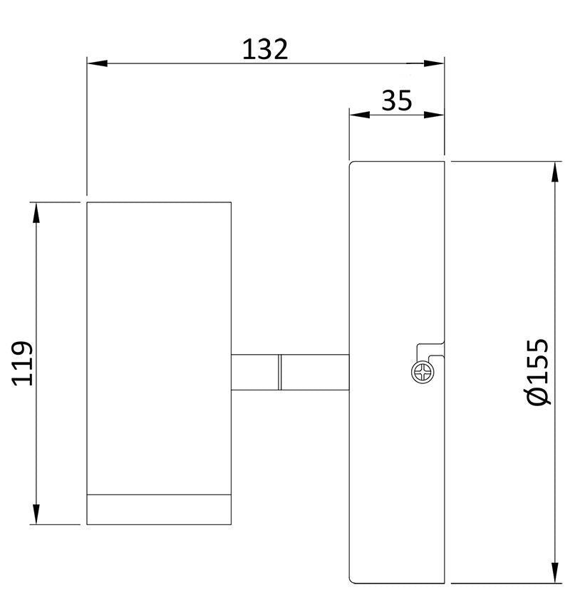 Schéma coté du luminaire : largeur 132 mm, hauteur 119 mm et diamètre 155 mm.