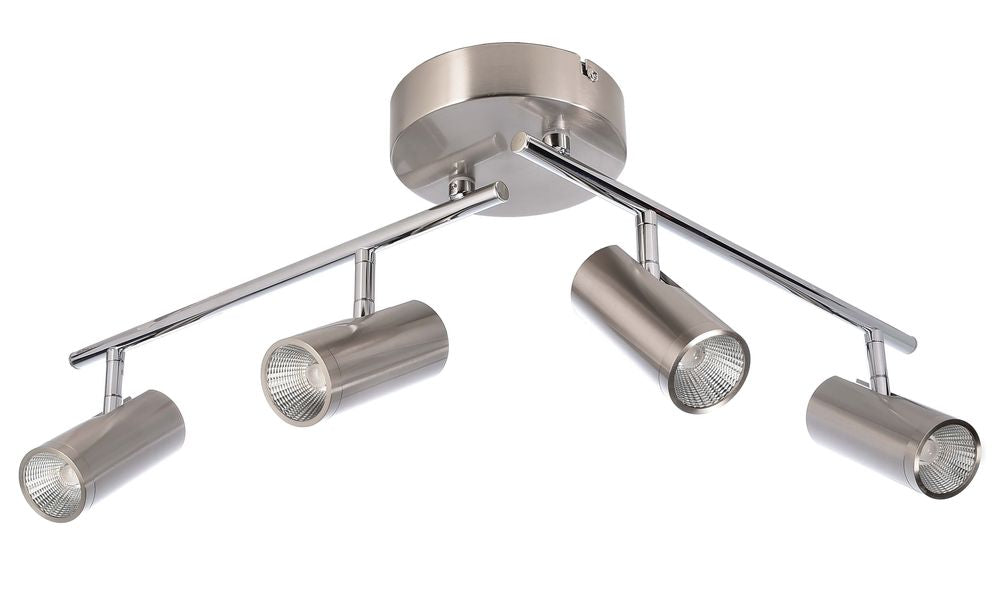Second angle du luminaire montrant les bras tubulaires et les quatre têtes cylindriques.