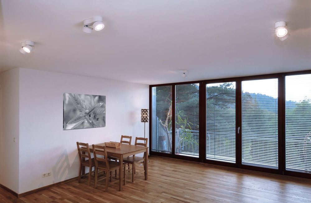 Mise en ambiance dans un séjour, spots blancs au plafond au-dessus d'une table à manger.