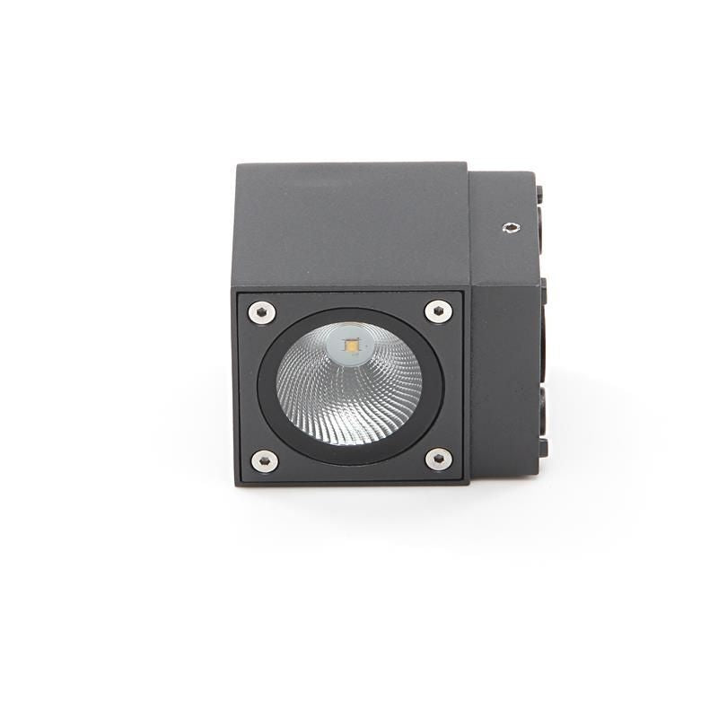 Vue de face détaillée montrant la LED centrale et le verre strié maintenu par quatre vis.