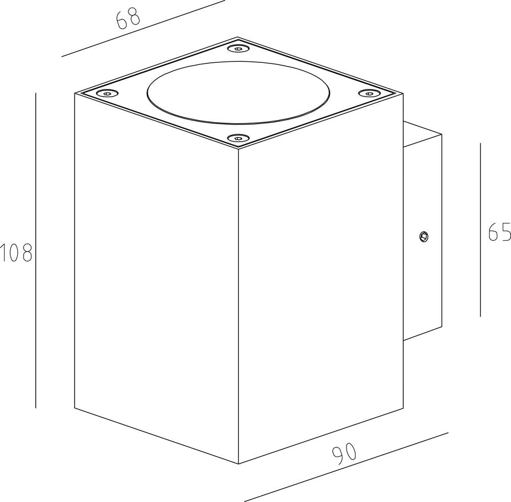 Schéma de dimensions du luminaire : hauteur 108 mm, largeur 90 mm, profondeur 68 mm.