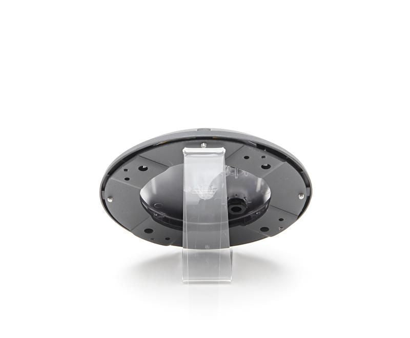 Profil arrière de l'applique sur support, platine de fixation et boîtier gris visibles.