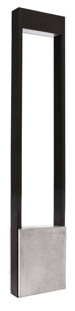 Vue de trois quarts montrant le cadre noir fin et le socle béton massif