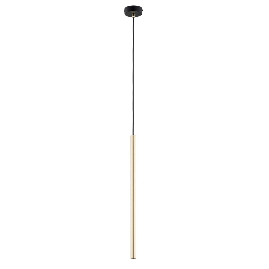 Vue produit du luminaire suspendu, cylindre doré étroit et rosace noire fixée au plafond.