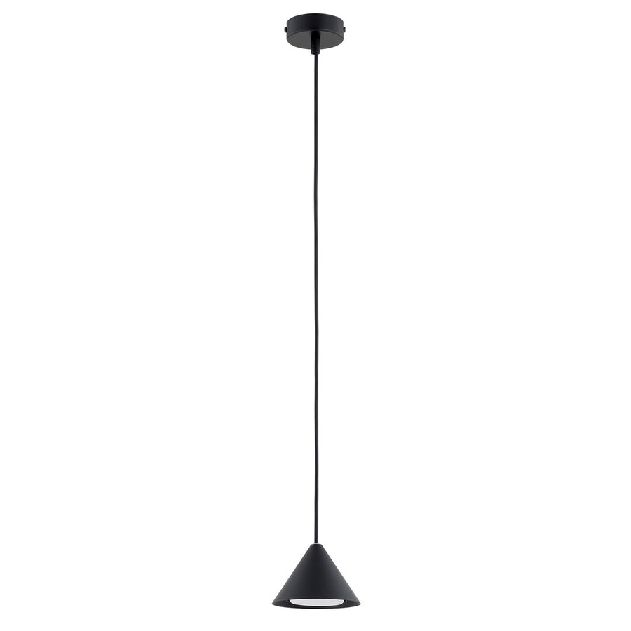 Second plan du même luminaire, mettant en évidence la rosace noire et le câble.