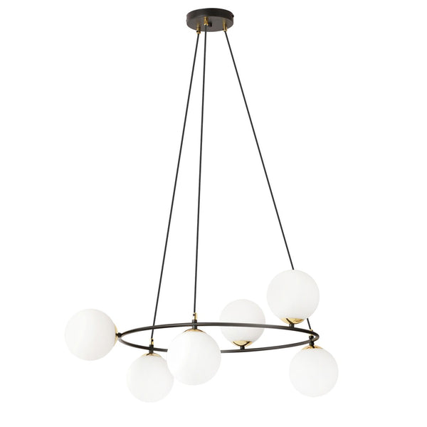 Plafonnier Akuryon 6 lumières noir et opale, verre